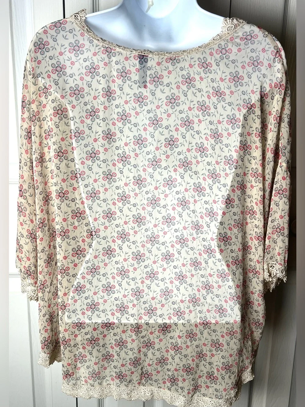 FREE PEOPLE Blouse Top Peasant Boho Sheer Lace Beige Pink Scoop Neck