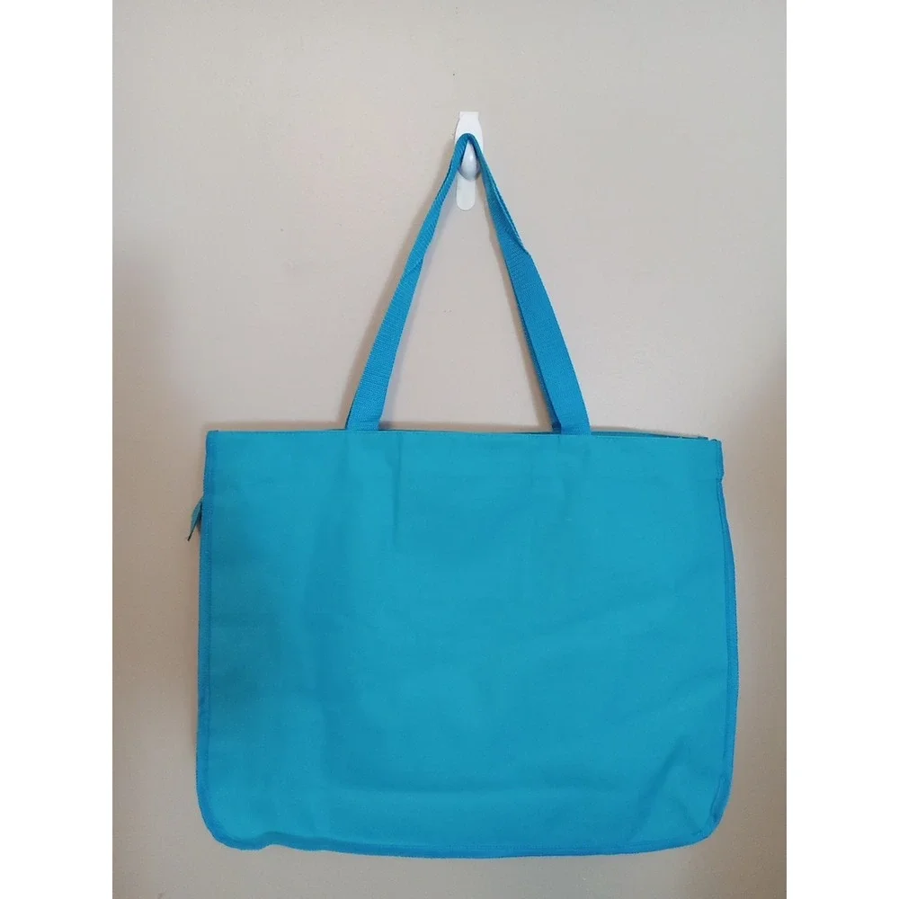Happy Island Teal Blue Embroidery Florida Dolphins Palm Trees Canvas Bag 20x15x4