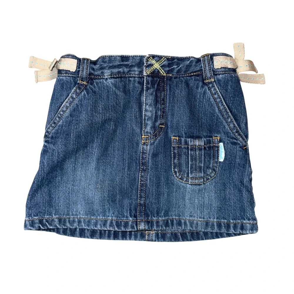 vintage OshKosh Denim Skirt 4T Blue Adjustable Waist Canvas Bows‎