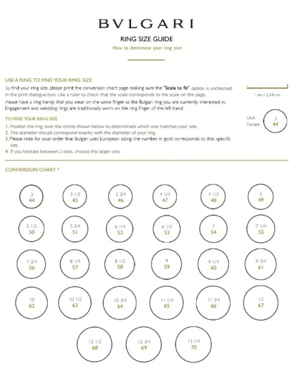 BVLGARI brand size