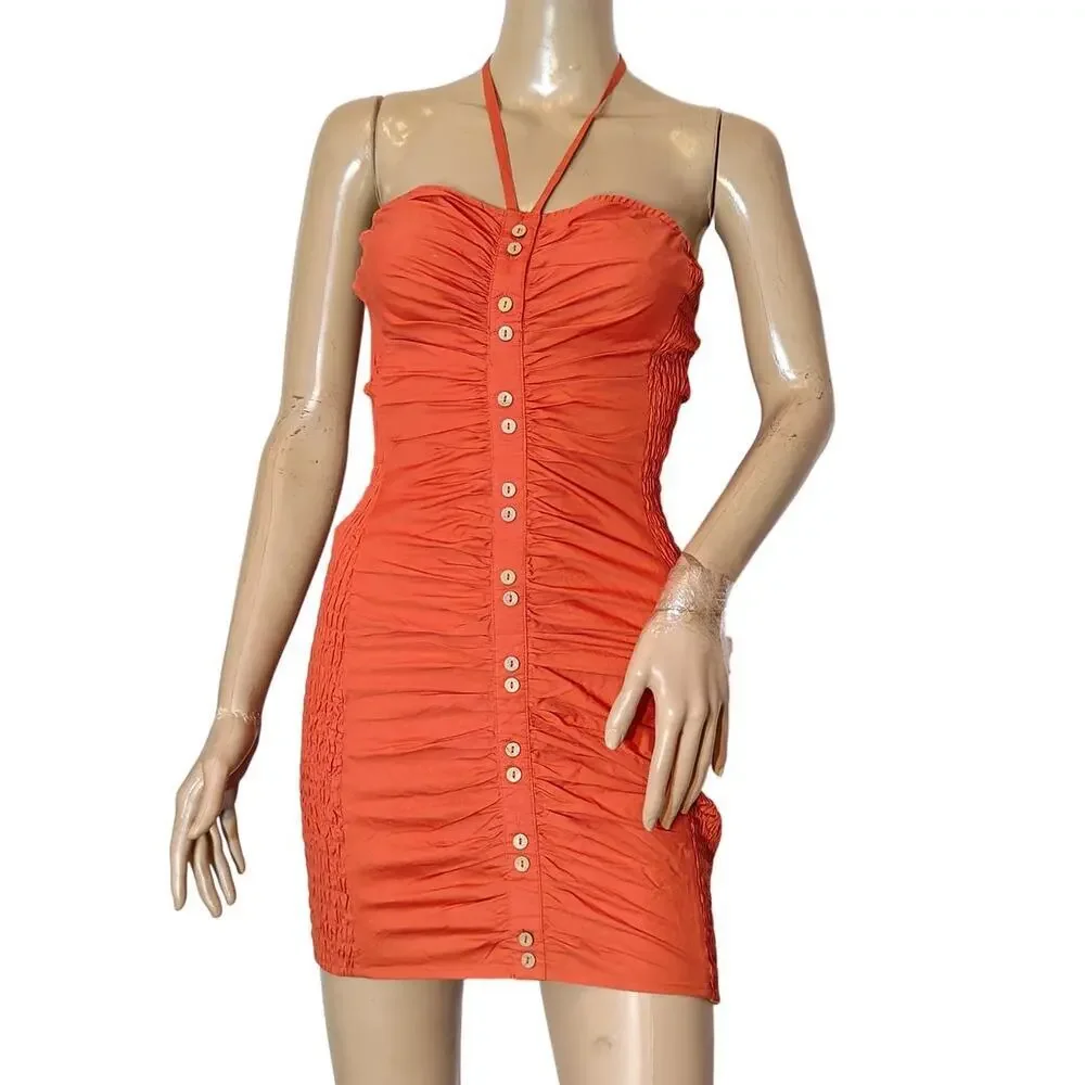 Free People Orange Ruched Halter Mini Dress XS Button Front Boho Sexy