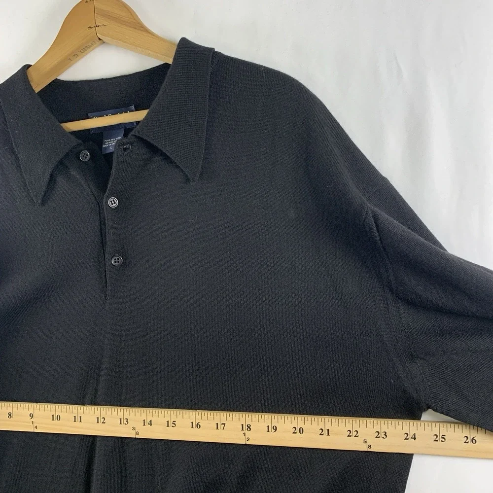 Paul Fredrick Mens Fine Merino Wool Polo Sweater Size L Black Lightweight Preppy