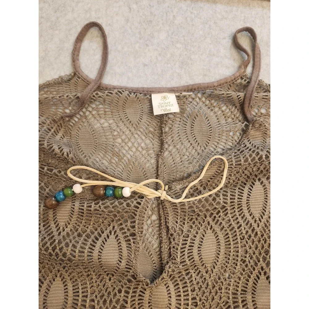 Saint Tropez West Cover Up Womens Small Brown Crochet Sheer Beaded‎ Tie Tunic