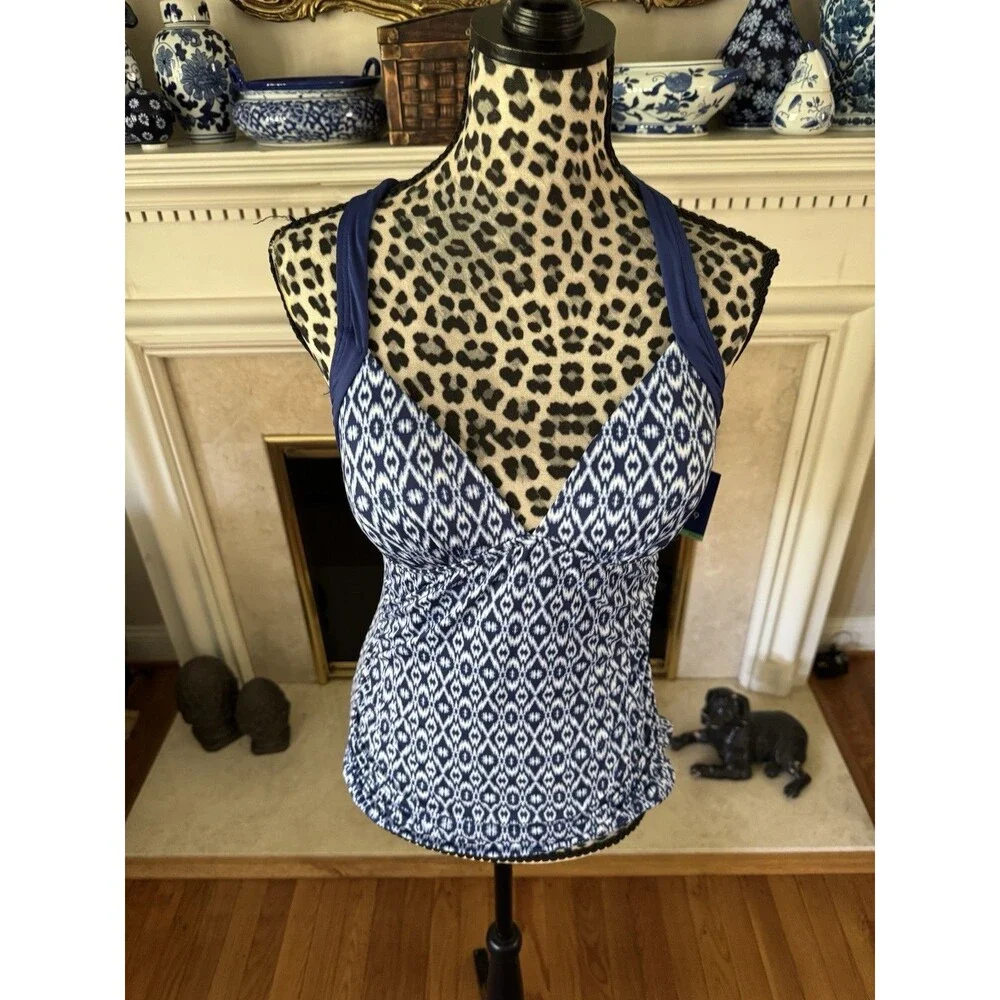 Apt. 9 women spring summer swimwear tankini top blue white geometric M New