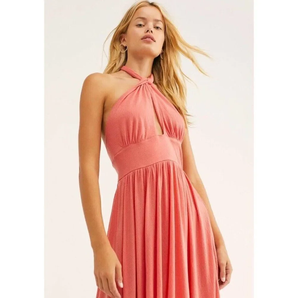 NEW FREE PEOPLE FP BEACH Sz S BONITA TEXTURED HALTER MIDI DRESS PRAIRIE ROSE