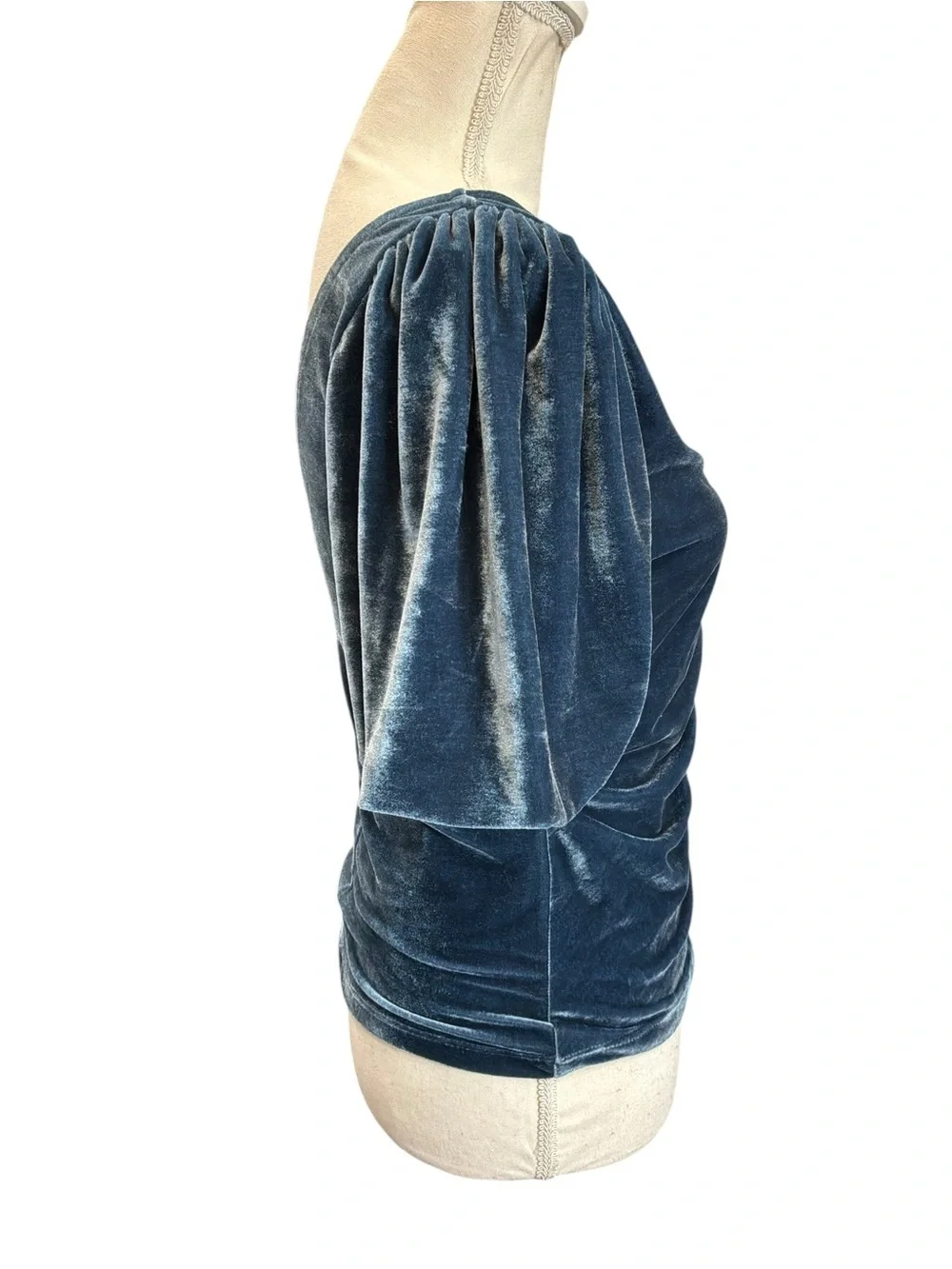 Free People Velvet Ruched Puff Sleeve V-Neck Top Blue Gray Small NWT