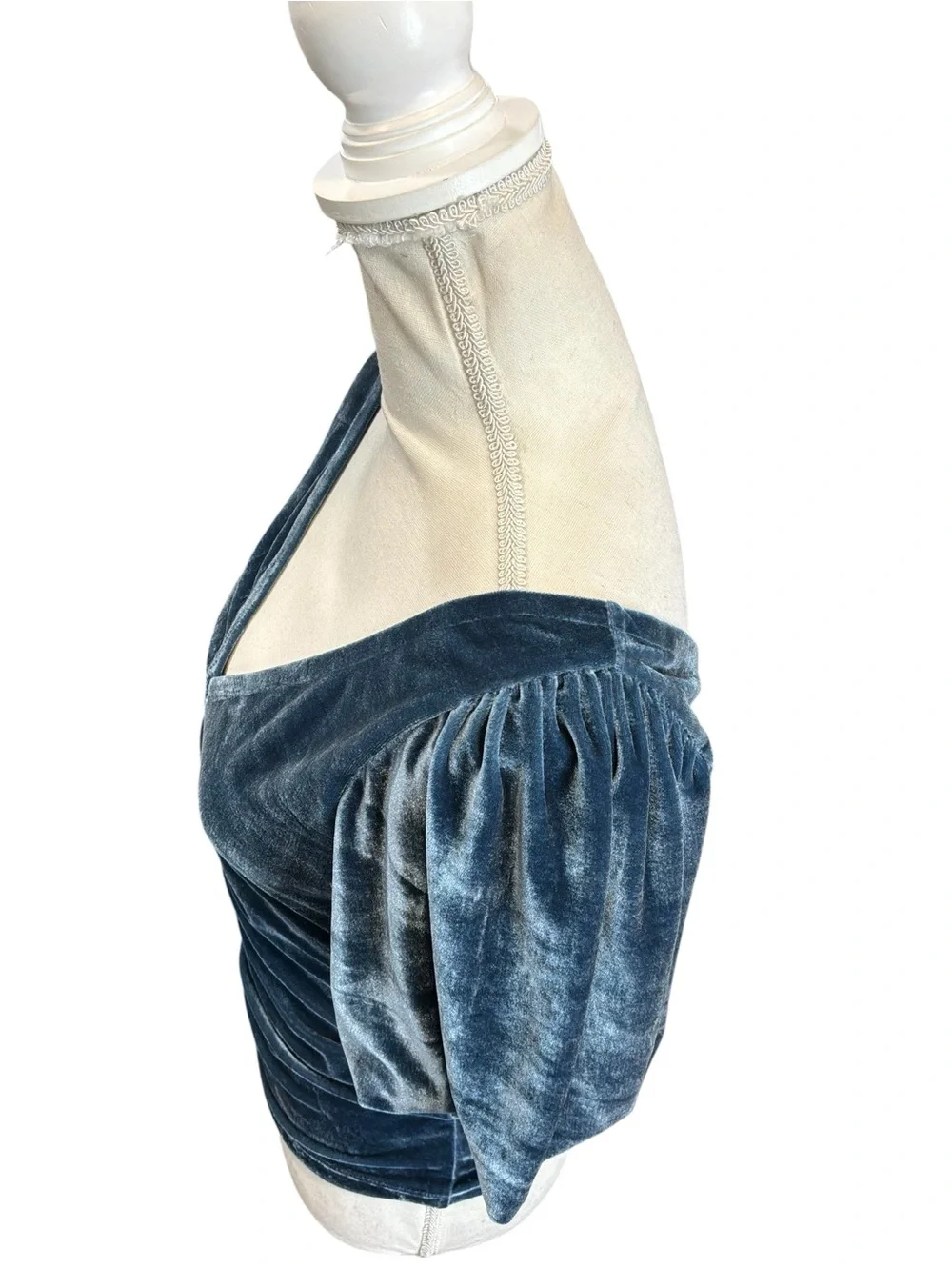 Free People Velvet Ruched Puff Sleeve V-Neck Top Blue Gray Small NWT