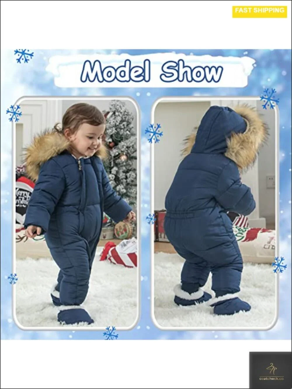 Baby Winter Snowsuit Hooded Romper Double Zipper Fur Collar Warm Jumpsuit 6-24