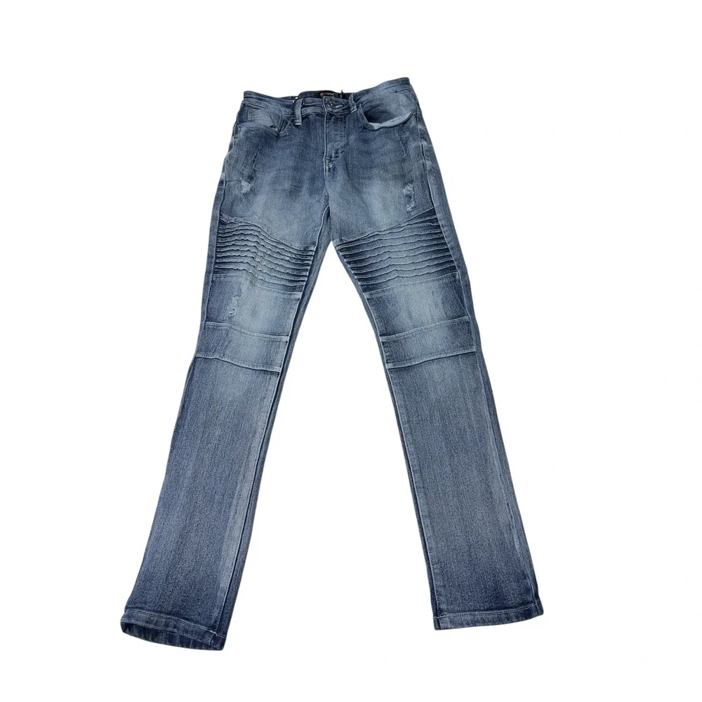 Southpole Mens Skinny Moto Biker Jeans‎ Blue Distressed Ribbed Denim 29x30