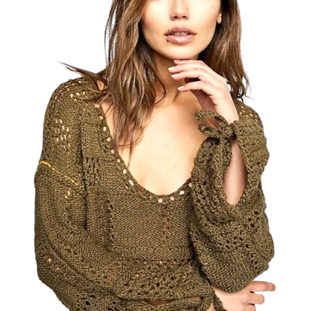 Free People Flower Child Tunic Sweater Moss Green Crochet Deep V-Neck Pullover S