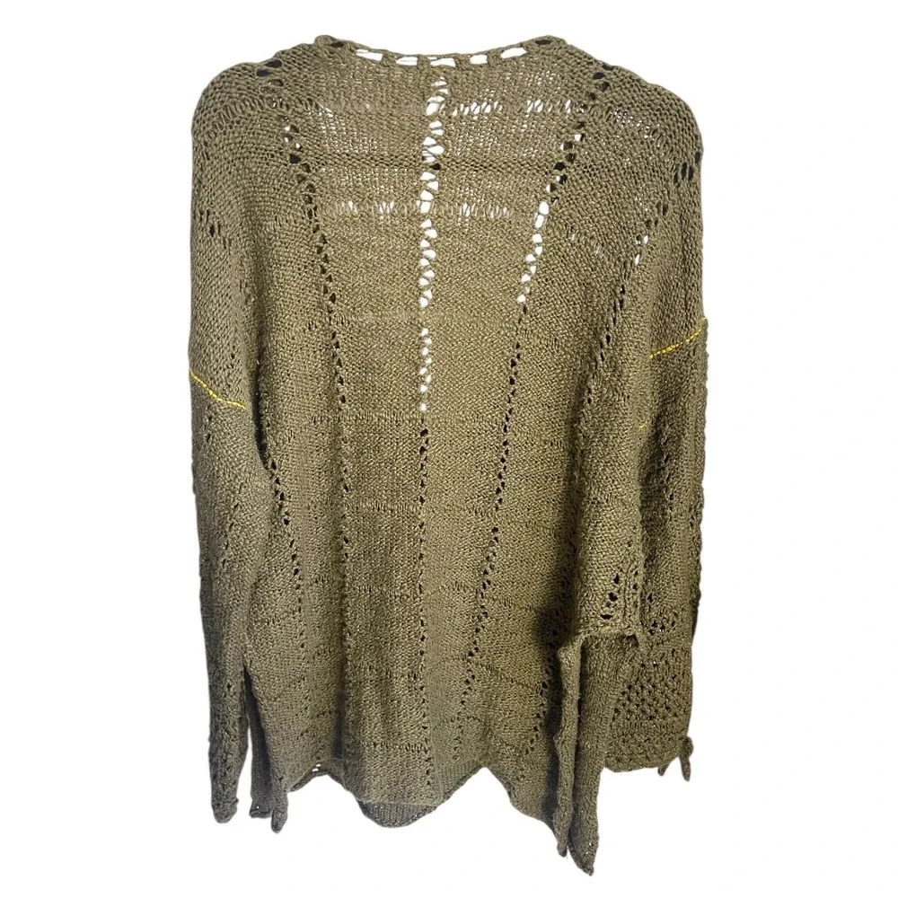 Free People Flower Child Tunic Sweater Moss Green Crochet Deep V-Neck Pullover S