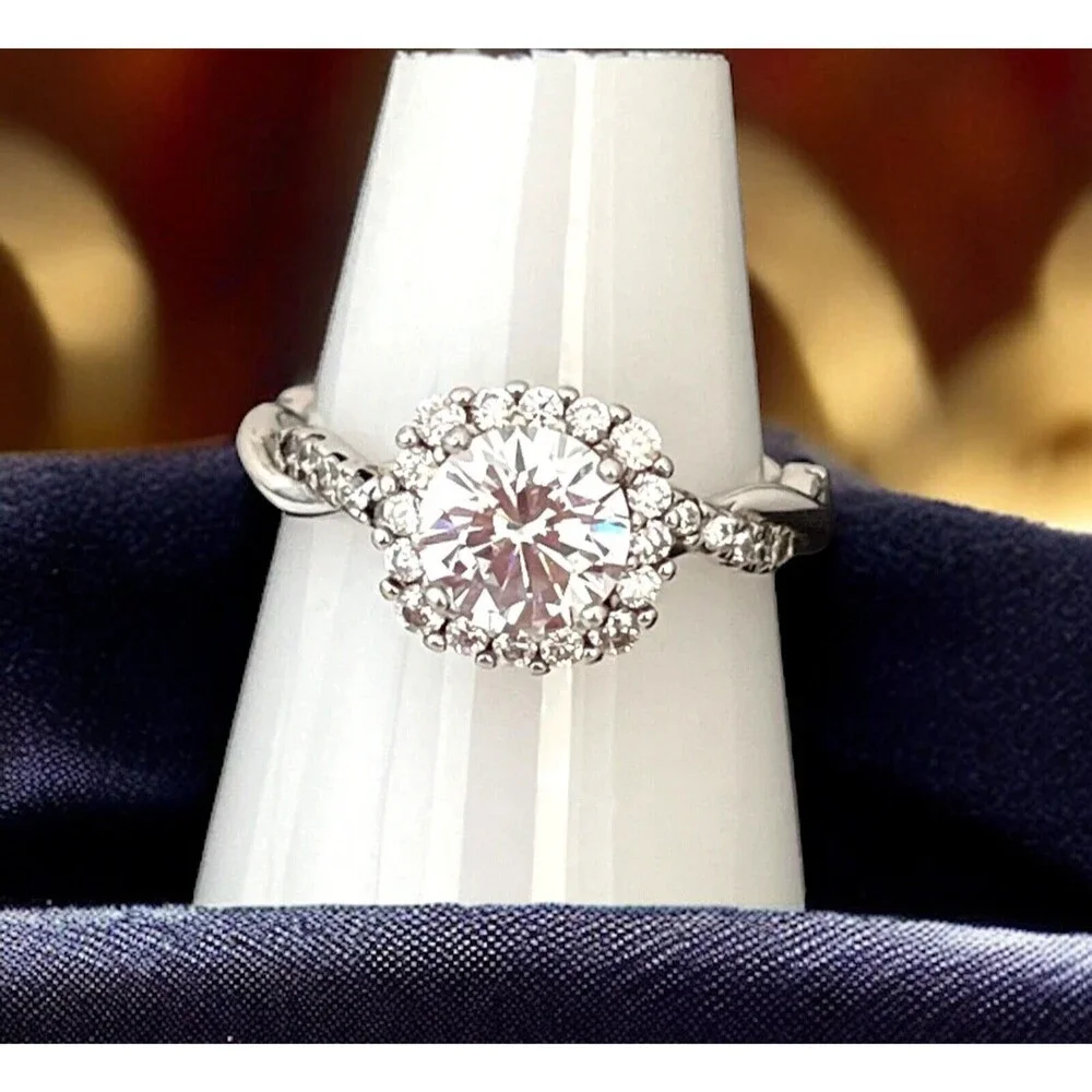 New Sterling Silver Ring 925 CZ Halo Twist Band Engagement Size 7 - 1E