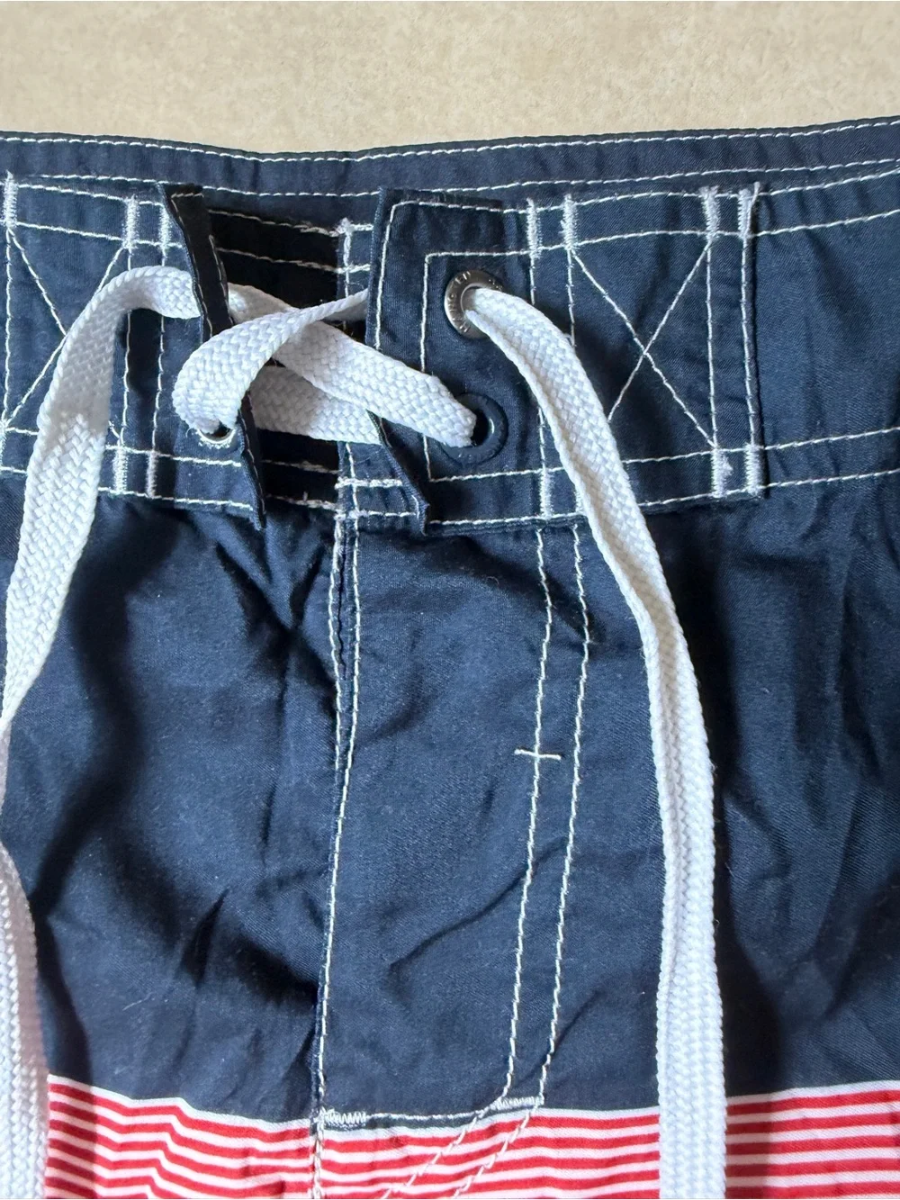 Hang Ten Men's Board Shorts Size 34 Swim Trunks Colorblock Striped Indigo Red
