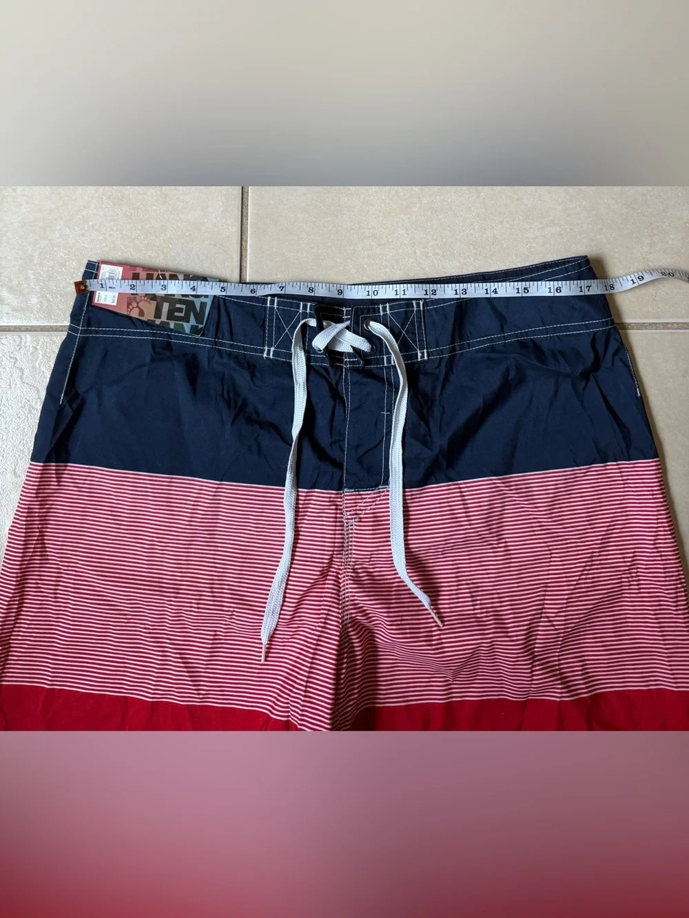 Hang Ten Men's Board Shorts Size 34 Swim Trunks Colorblock Striped Indigo Red