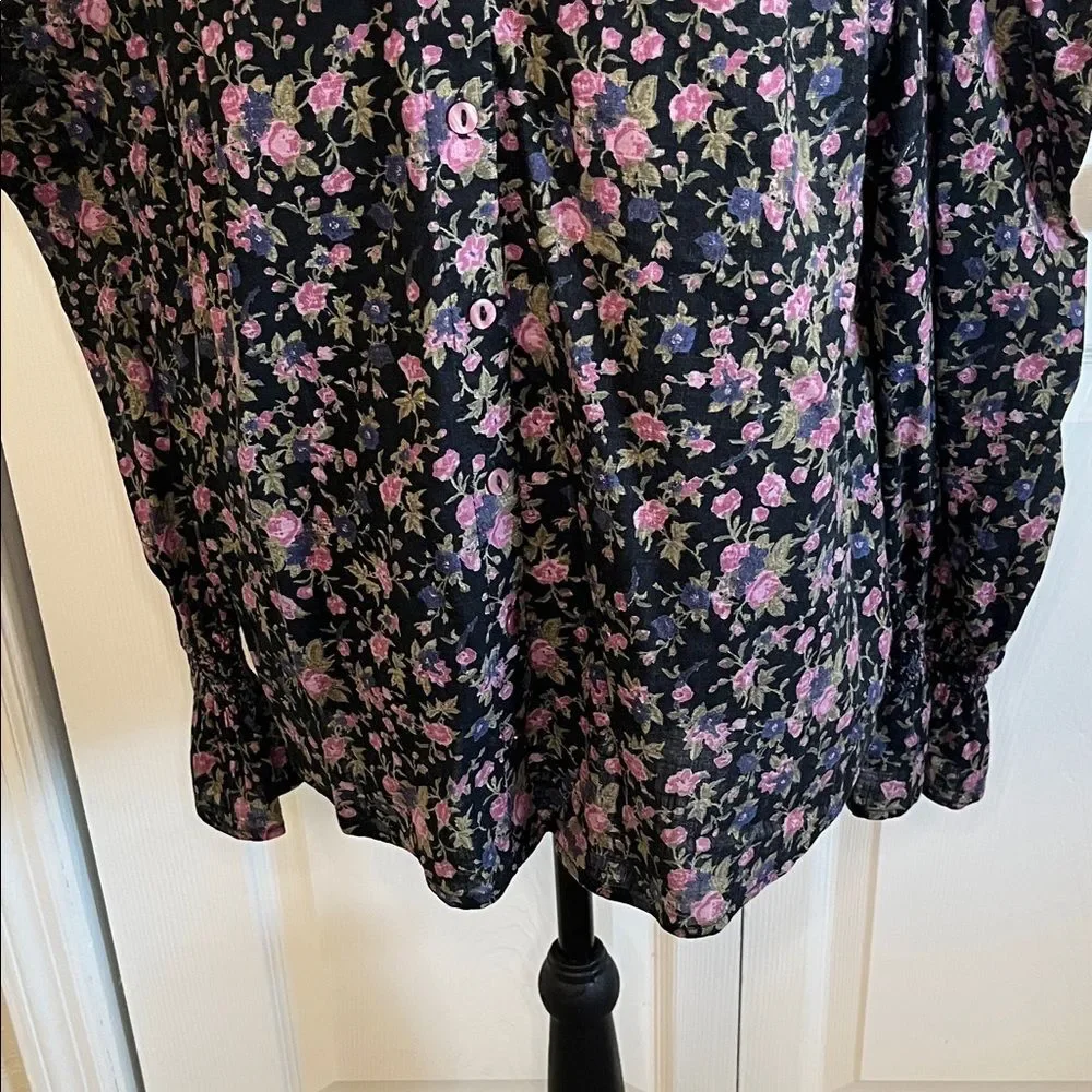 Free People Meant To Be Black Floral Cotton Puff Sleeve Top Small Cottagecore