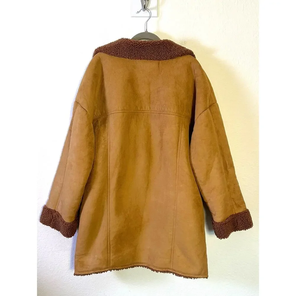 Free People Western Bohemian Retro 70s Faux Sherpa Suede Diogo Coat Size XL