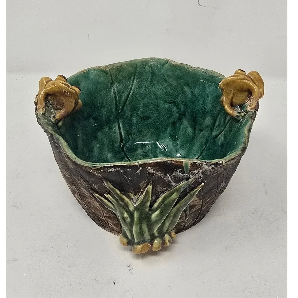 Vtg Majolica‎ style frogs planter ceramic pottery pot green brown