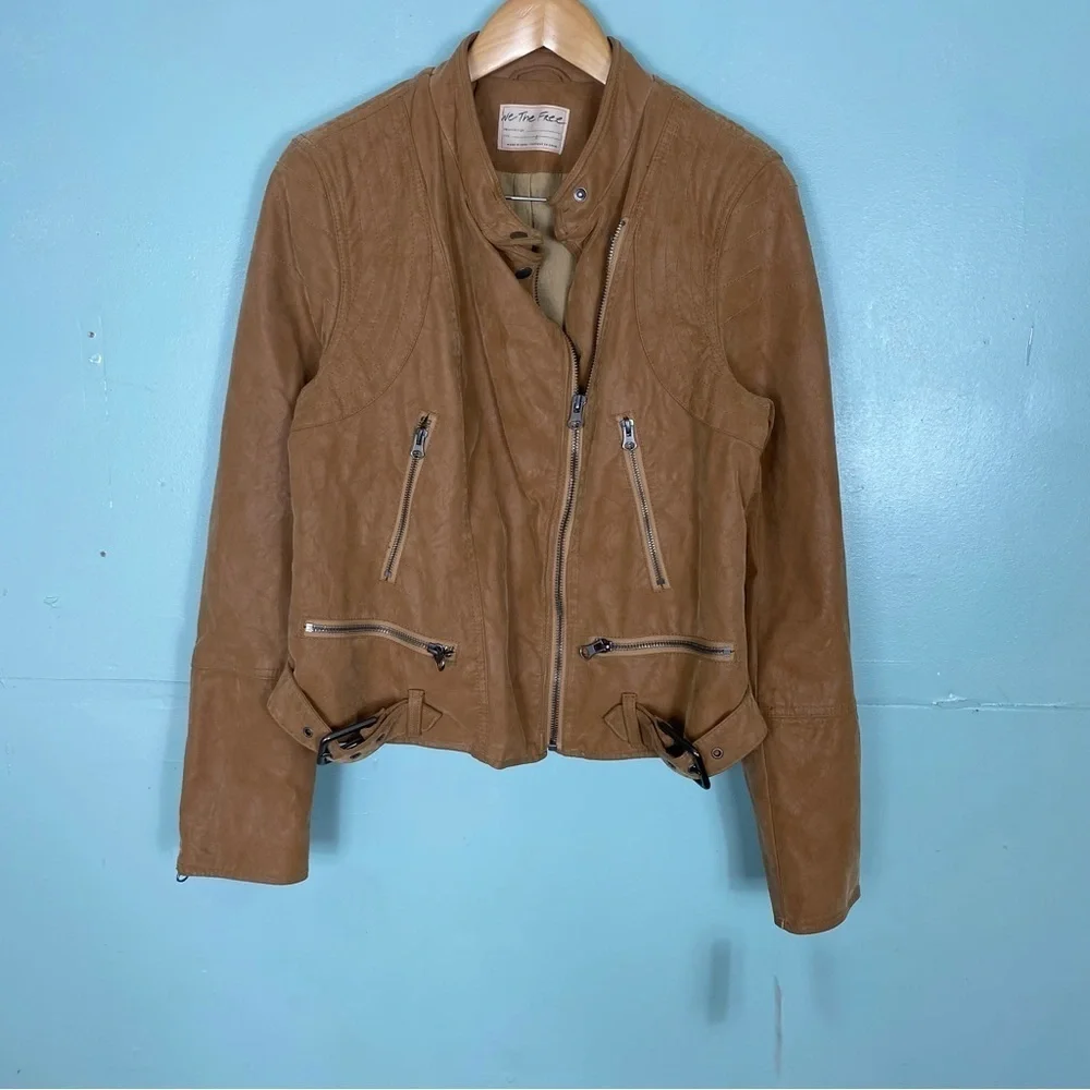 Free‎ People Fenix Vegan Moto Jacket Tan Camel Faux Leather Sz L