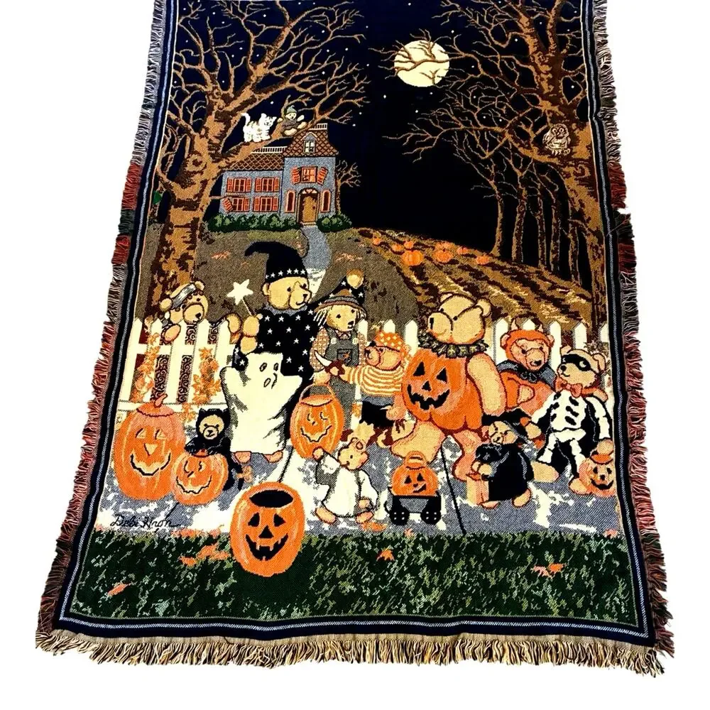 VTG 90s Goodwin Weavers Halloween Bears Trick or Treat Tapestry Throw Blanket