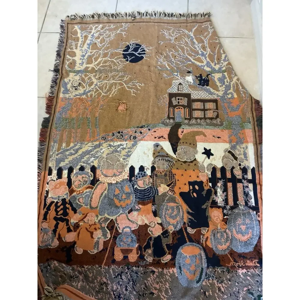 VTG 90s Goodwin Weavers Halloween Bears Trick or Treat Tapestry Throw Blanket