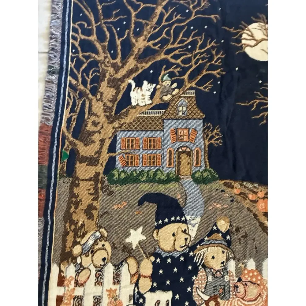 VTG 90s Goodwin Weavers Halloween Bears Trick or Treat Tapestry Throw Blanket
