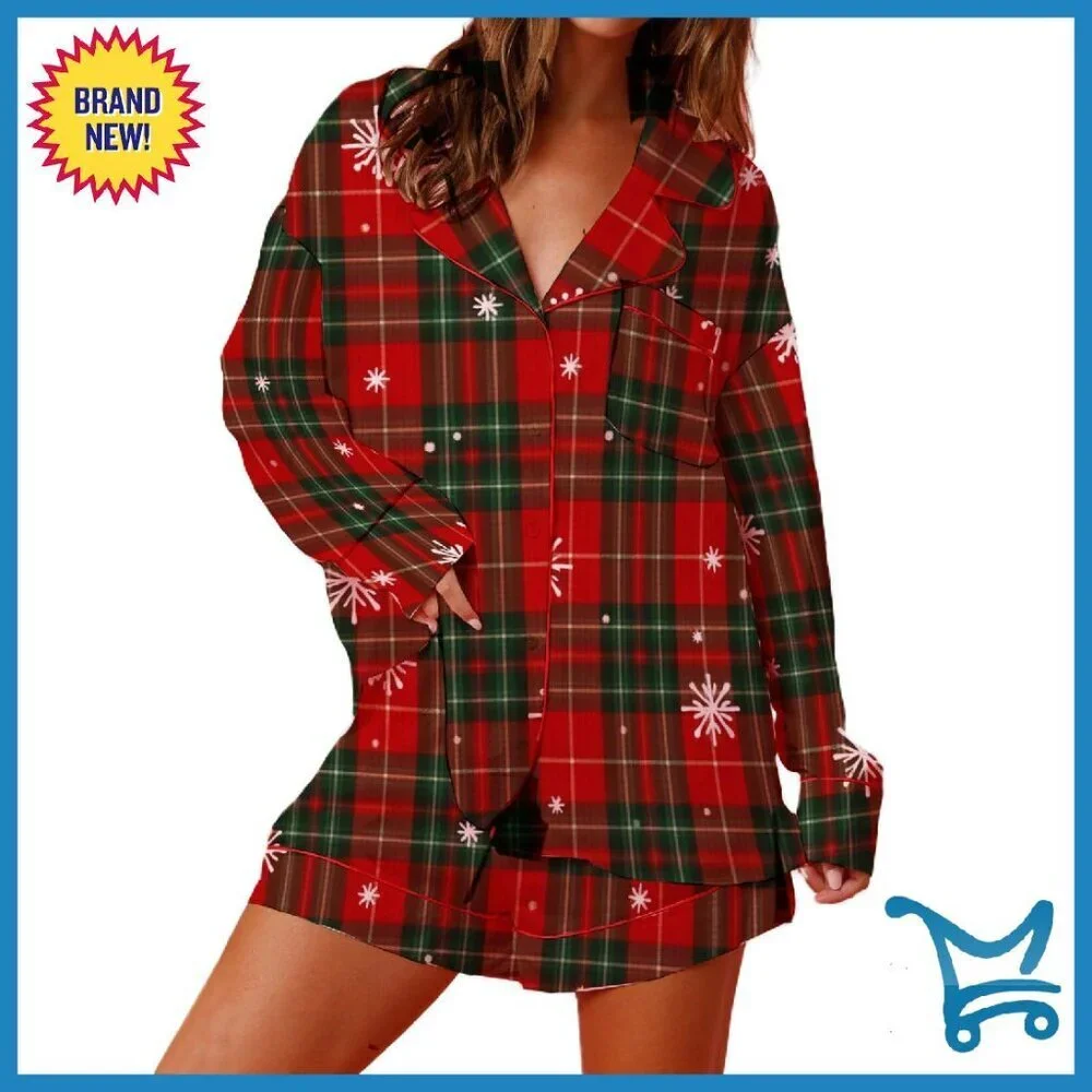 Silk Satin Christmas Pajama Set Long Sleeve Button Shirt Shorts Sleepwear