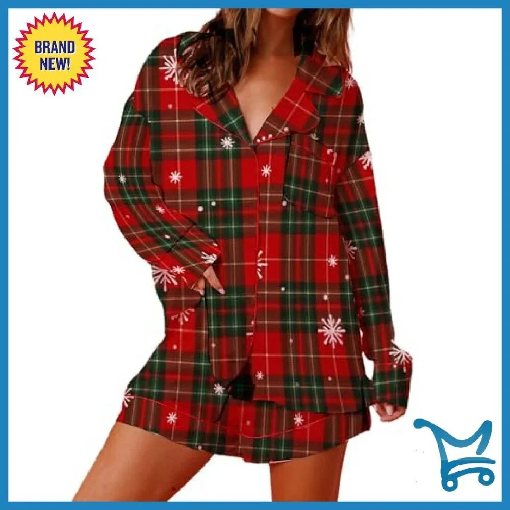Silk Satin Christmas Pajama Set Long Sleeve Button Shirt Shorts Sleepwear