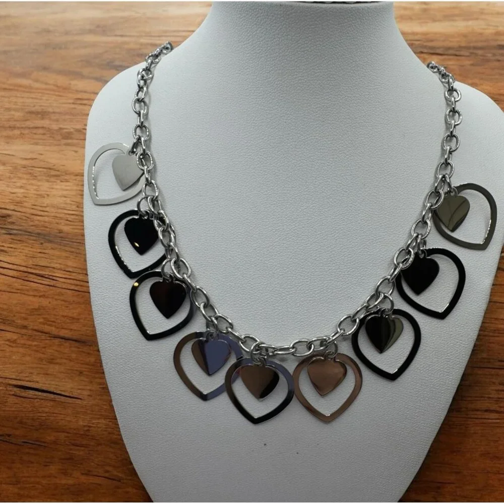 Steel by Design Adjustable Multi Heart‎ Necklace Silver Tone Milor Italy 20