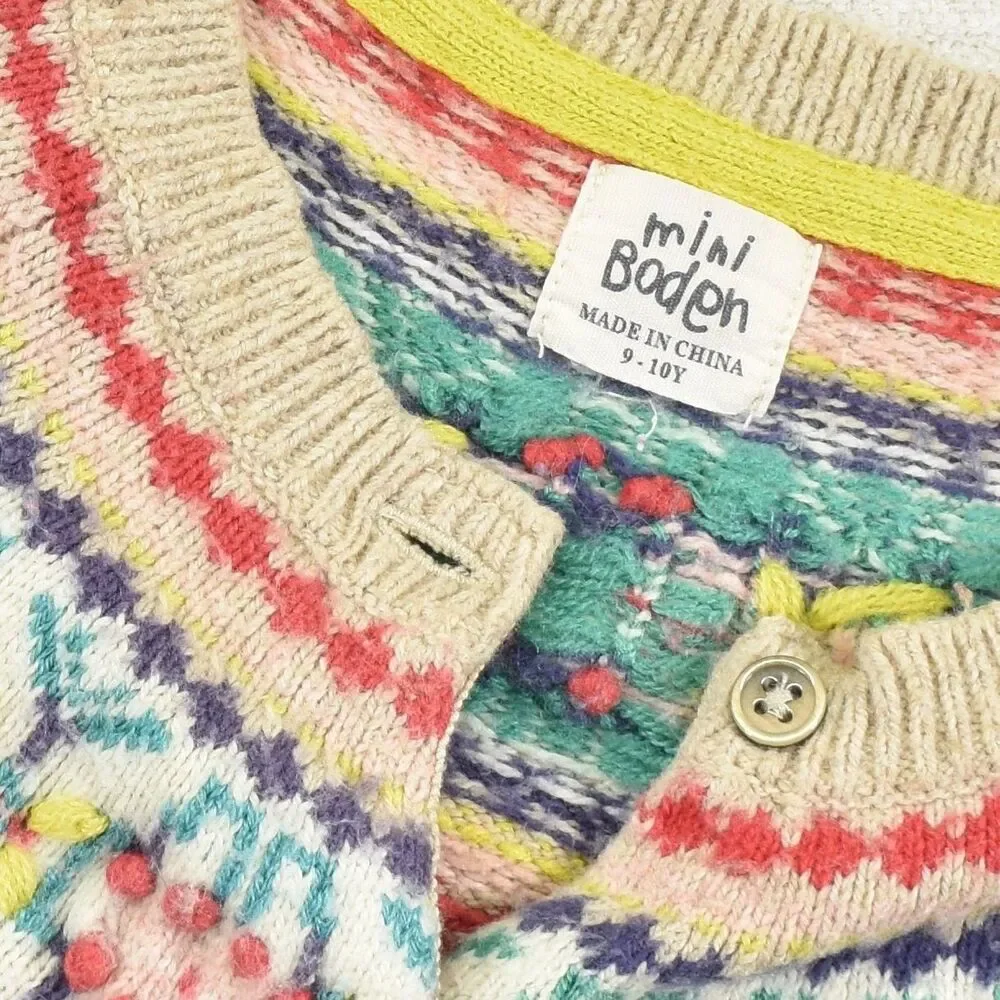 Mini Boden Girls Fair Isle Cardigan Sweater Oatmeal Beige Yoke Button Front 9-10
