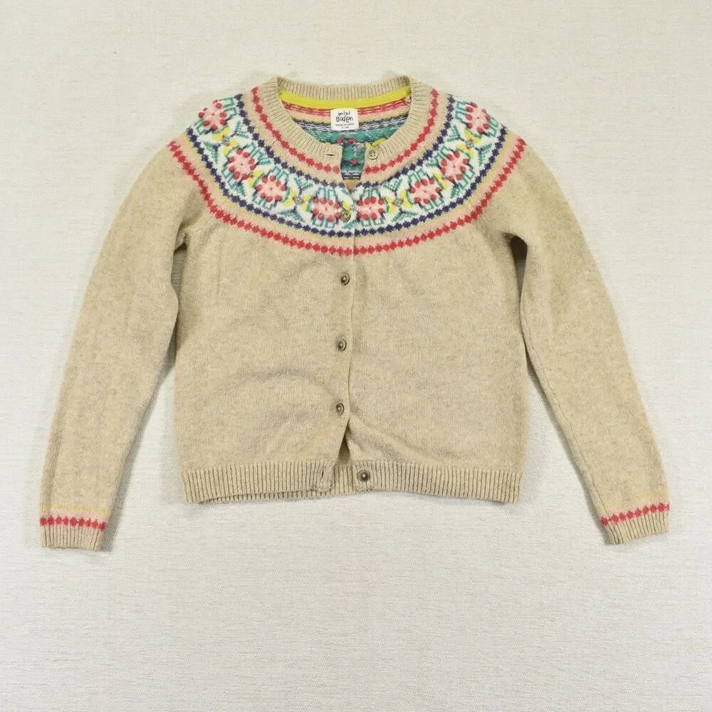 Mini Boden Girls Fair Isle Cardigan Sweater Oatmeal Beige Yoke Button Front 9-10