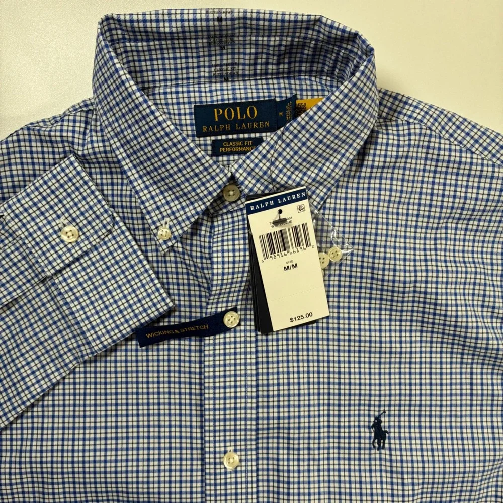 NEW Polo Ralph Lauren Performance Button Down Shirt Medium Blue Gingham Stretch