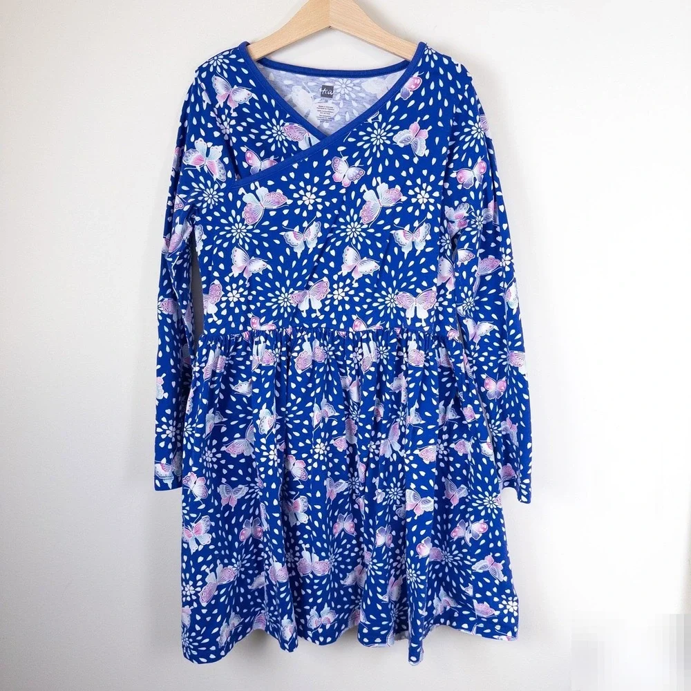 Tea Collection Dress Girls 12 Blue Butterfly Floral Long Sleeve Wrap Neck Cotton