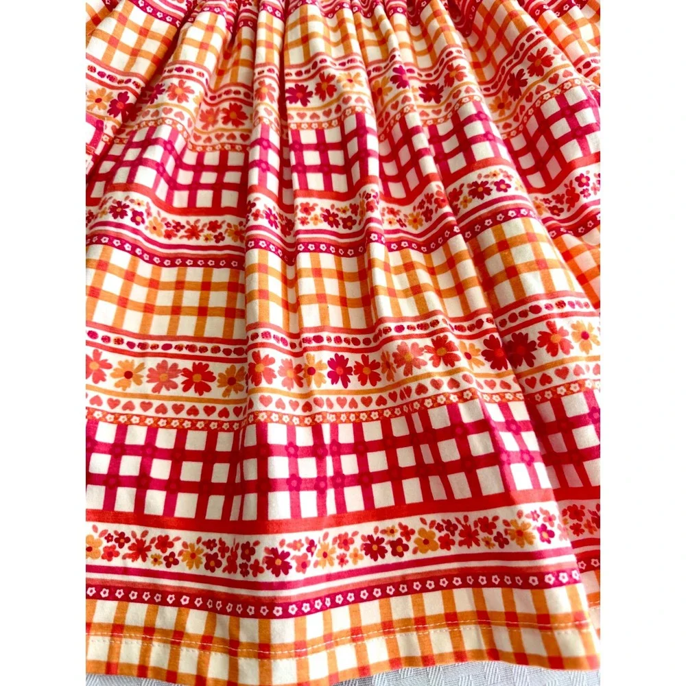 Flapdoodles Girls Orange Pink Gingham Floral Bow Back Pocket Dress Size 8