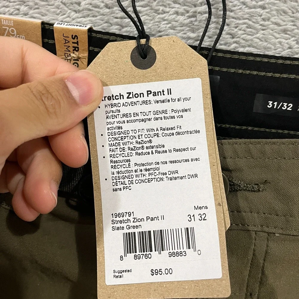 Prana Men's Stretch Zion Pant II Slate Green Hiking Outdoor 31x32 Roll Up Belted