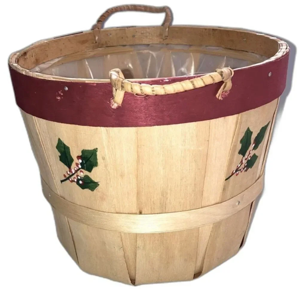 BUSHEL BASKET Small Apple Basket with Handles Holiday Holly