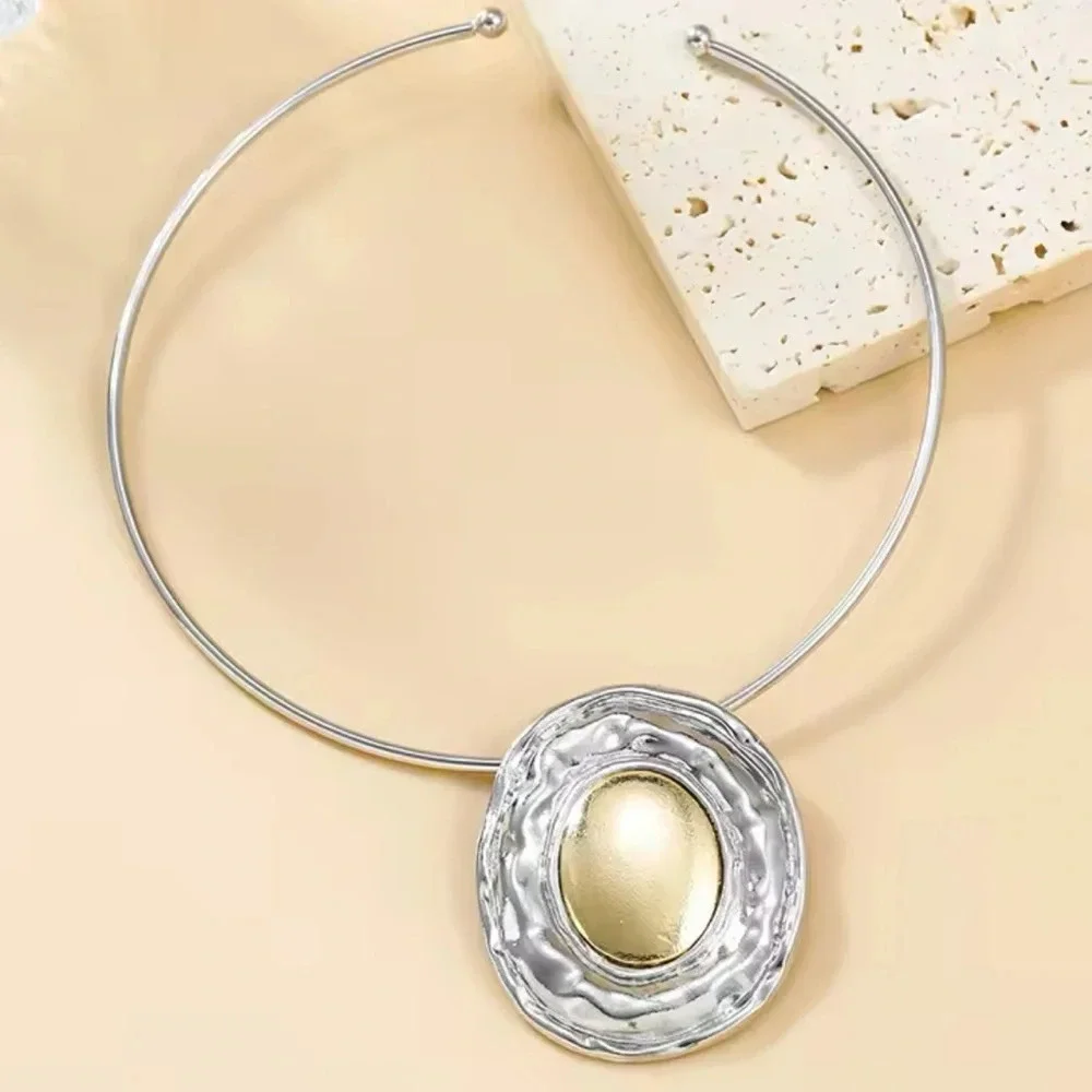 Silver Button Oval Bangle Necklace