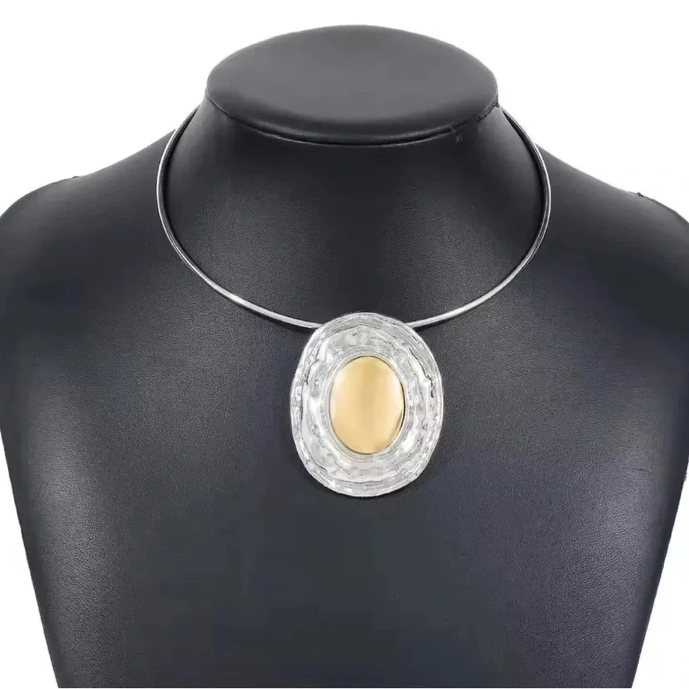 Silver Button Oval Bangle Necklace