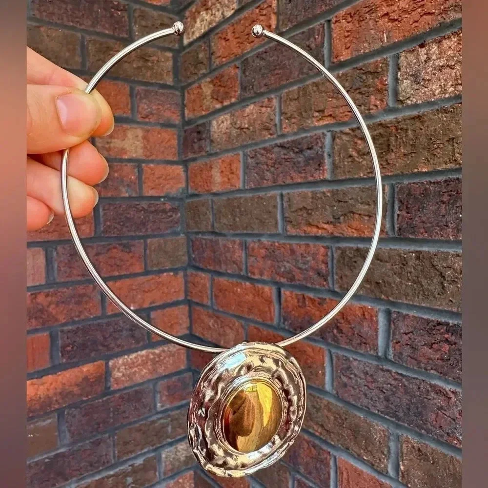 Silver Button Oval Bangle Necklace