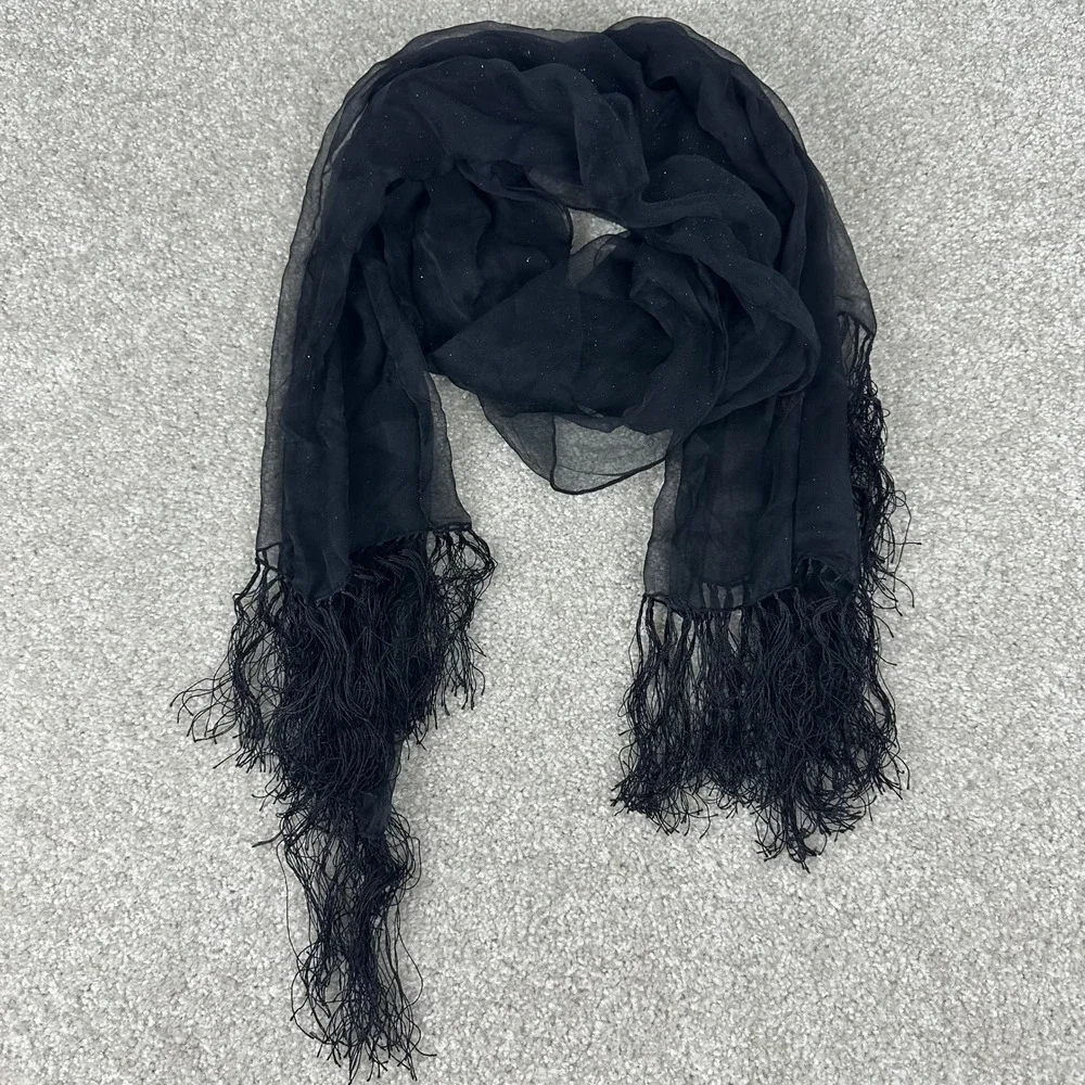Black Sheer Glitter Fringe Shawl Wrap Evening Scarf Lightweight Shimmer Trim