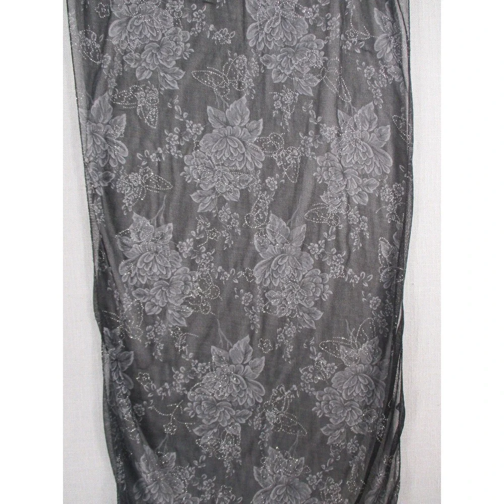 Black Floral Mesh Wrap Scarf Silver Glitter Sheer Goth with Fringe Trim 54x18.5‎
