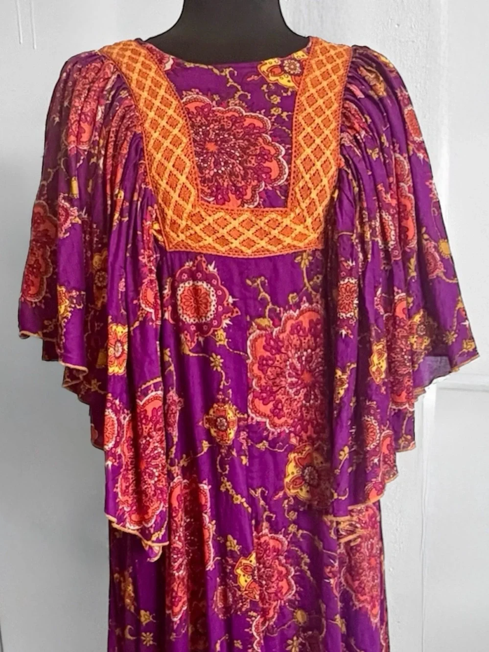 Hippie Shake Purple Mandala Maxi Dress Flutter Sleeve 1970s Style Gypsy Femme