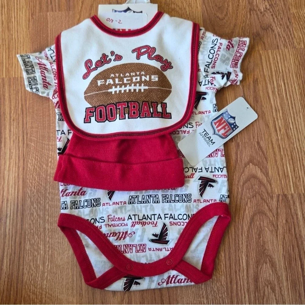 NFL Atlanta Falcons Baby 0-3 Months 3pc Bodysuit, Bib, Beanie NWT Football Fan