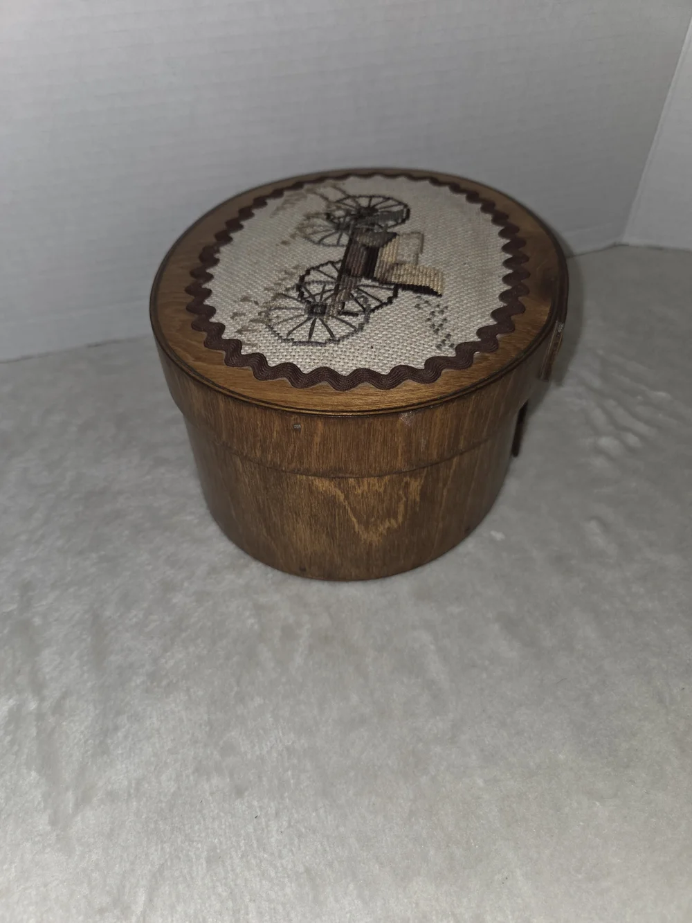 Vintage Cylinder Wooden Storage Box w/ Decorative Horse Buggy Cross Stitch Lid