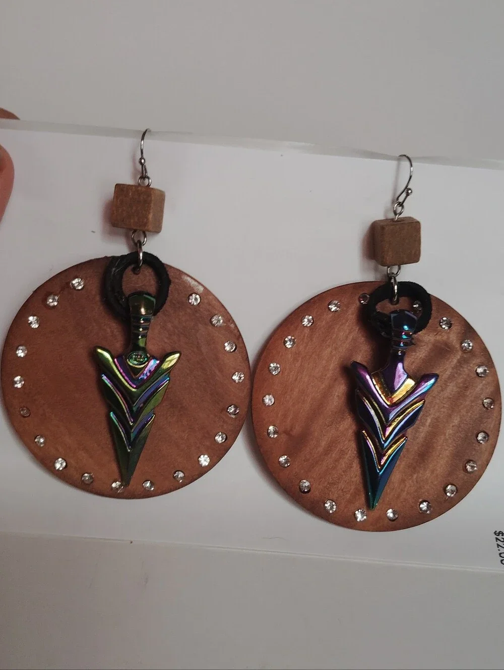 New Handmade Iridescent Arrow Drop Pierced Earrings On Wood Discs Lightweight