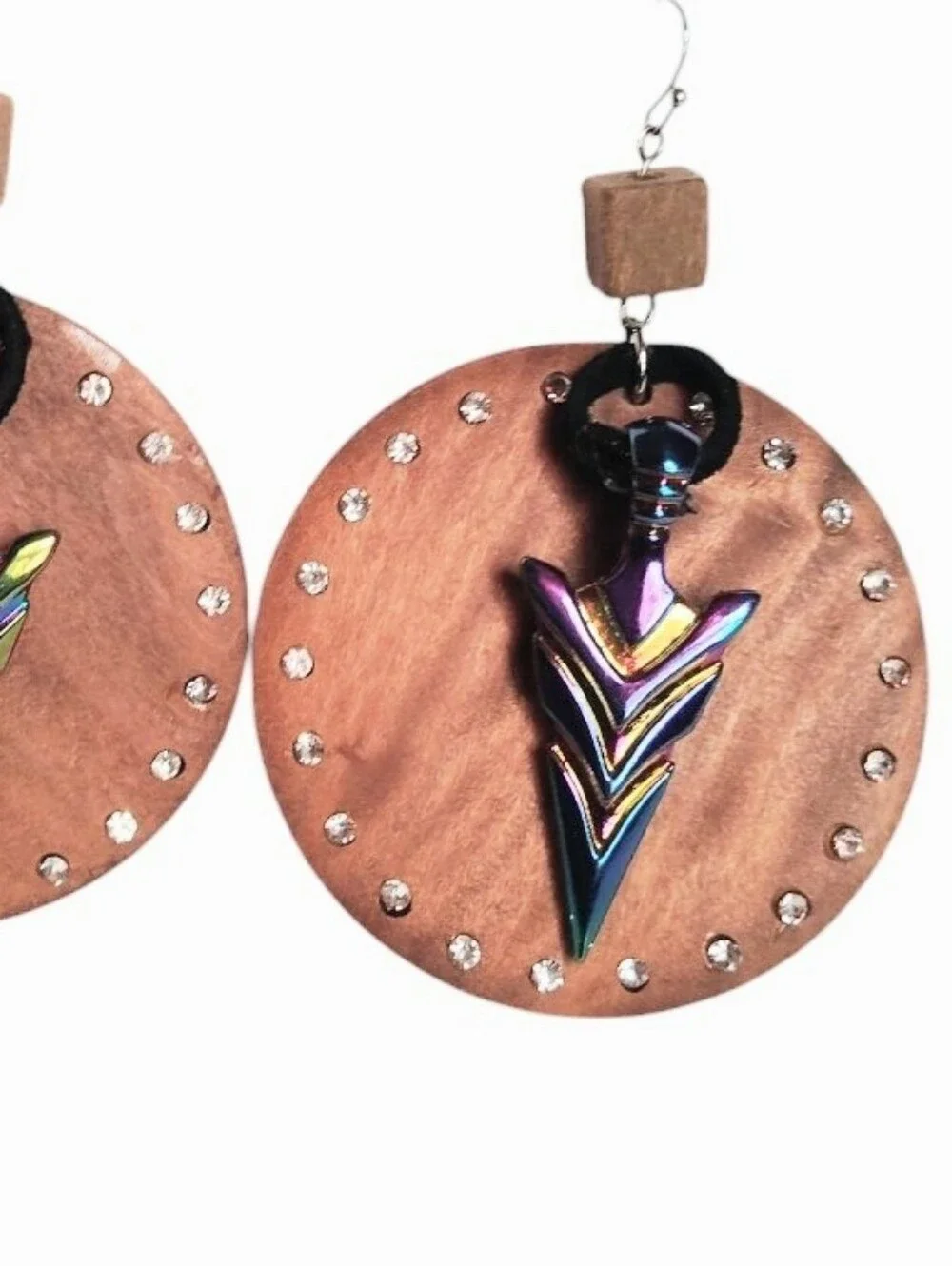 New Handmade Iridescent Arrow Drop Pierced Earrings On Wood Discs Lightweight