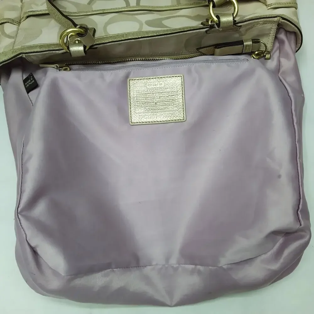 Coach Signature Cream Beige Canvas Leather Trim Double Handles Tote Shoulder Bag