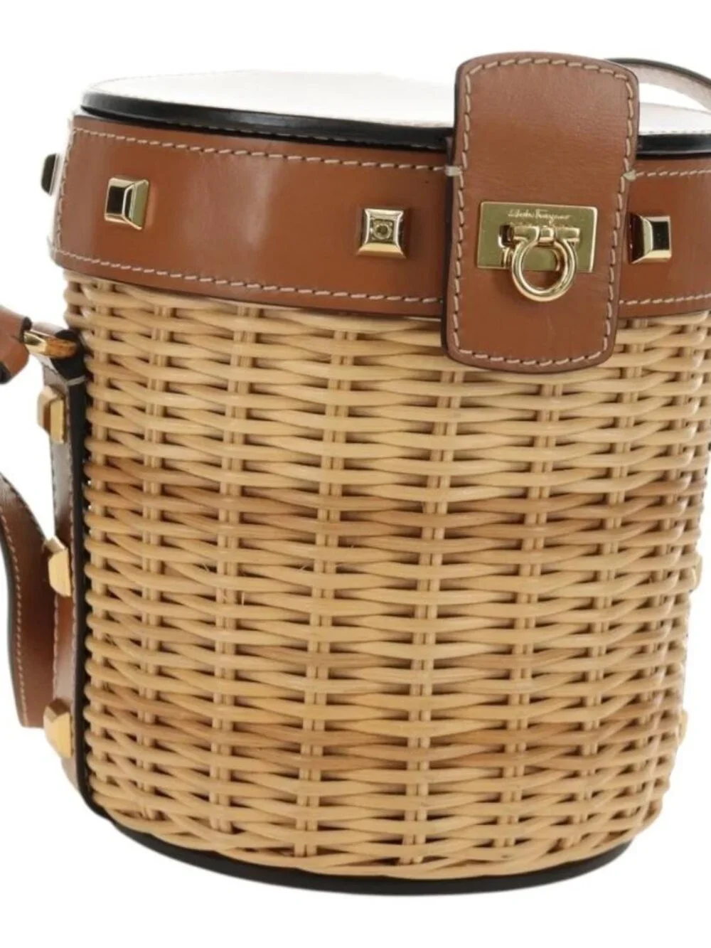 Salvatore Ferragamo Gancini Straw Bag Raffia Beige Gold Auth BA13293SM