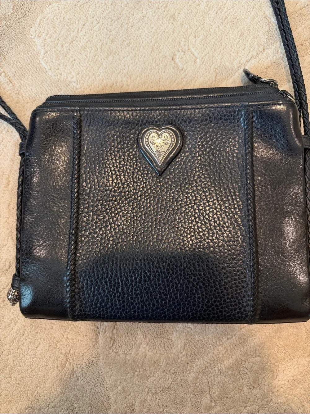 Black Leather Crossbody Bag with Heart Accent