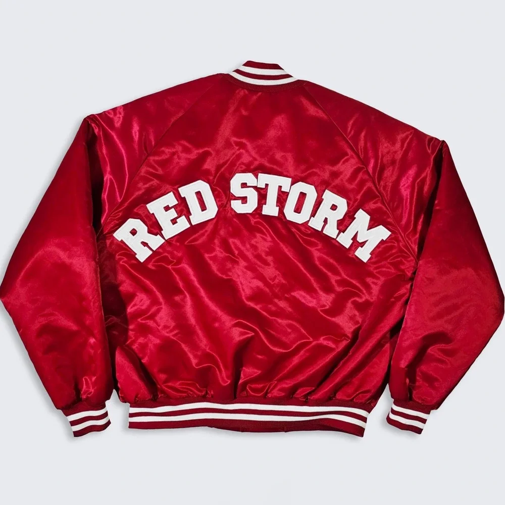 St John's Red Storm Vintage 90s Chalk Line Satin Bomber Jacket
