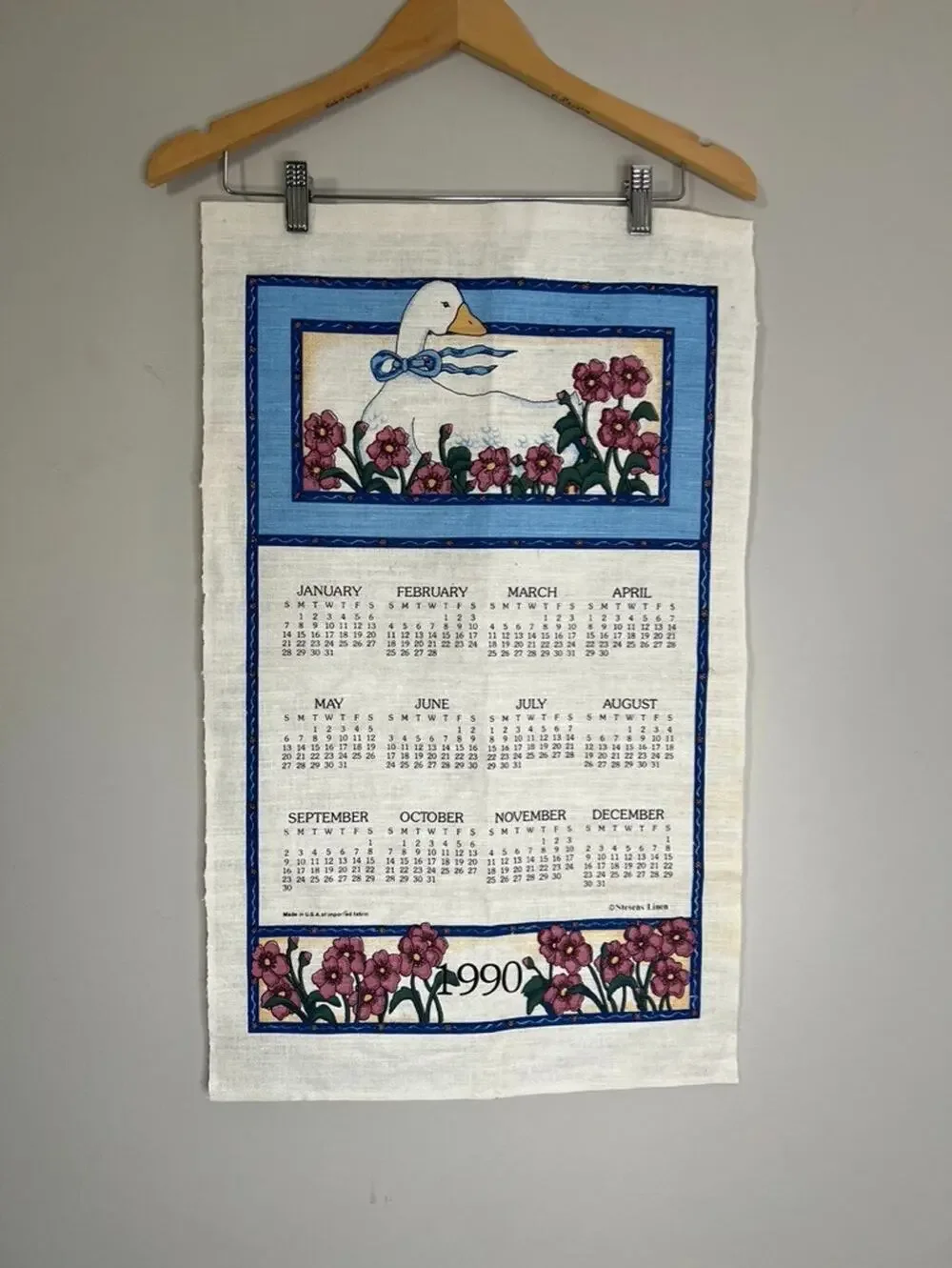 Vintage 1990 Stevens Linen Goose Calendar Tea Towel Wall Hanging